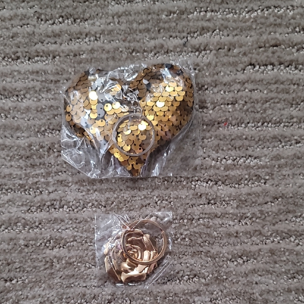 Gold Sequin Heart and Rose Keychain
